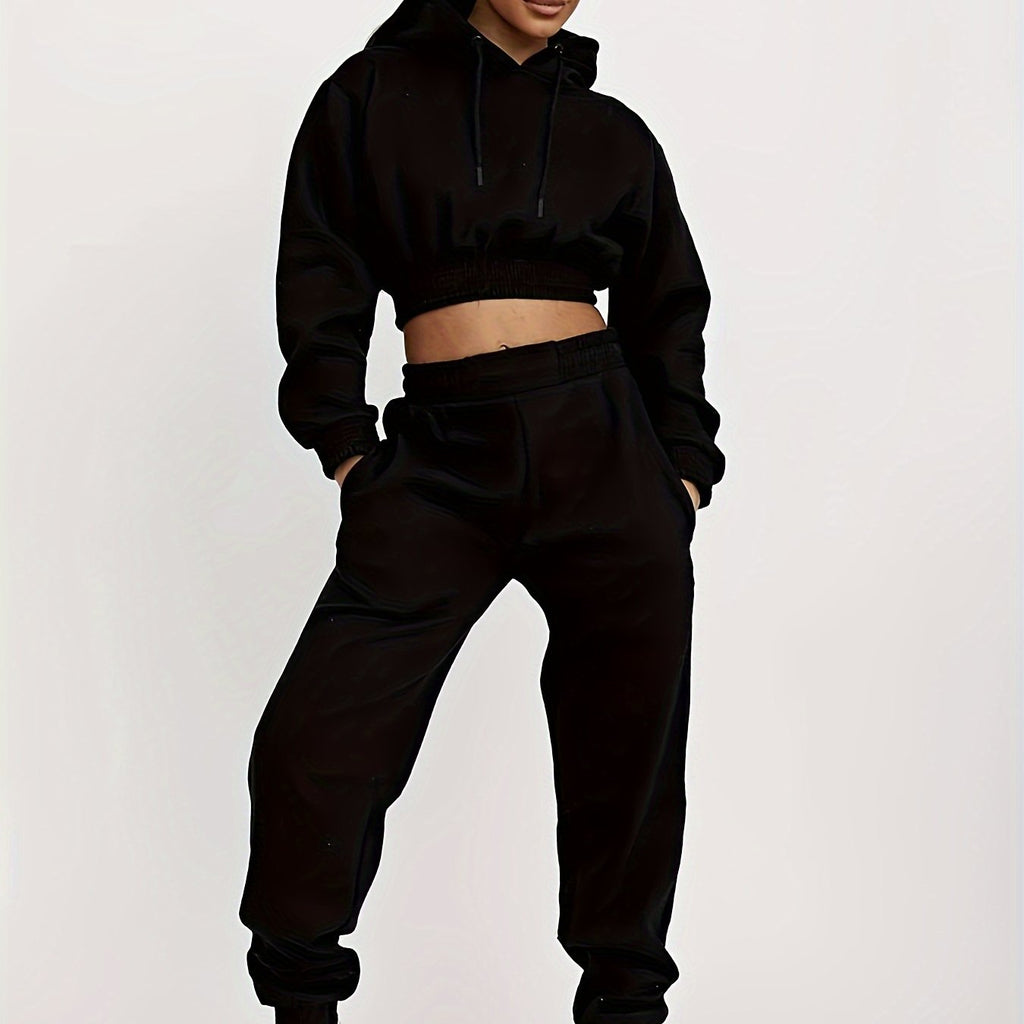 2pcs Plain High Stretch Sporty Suit, Long Sleeves Drawstring Hooded Sweatshirt & Jogging Pant Sports Set, Women's Activewear