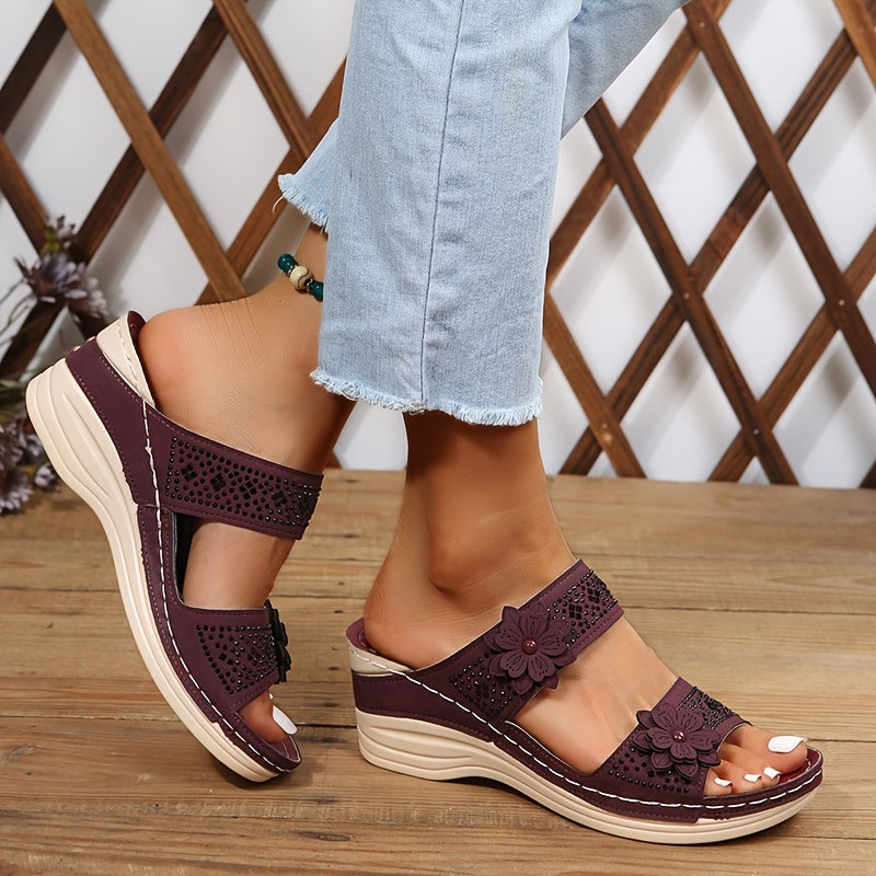 Women's Flower & Rhinestone Wedge Slippers, Solid Color Open Toe Non Slip Arch Support Slides Shoes, Casual Retro Sandals