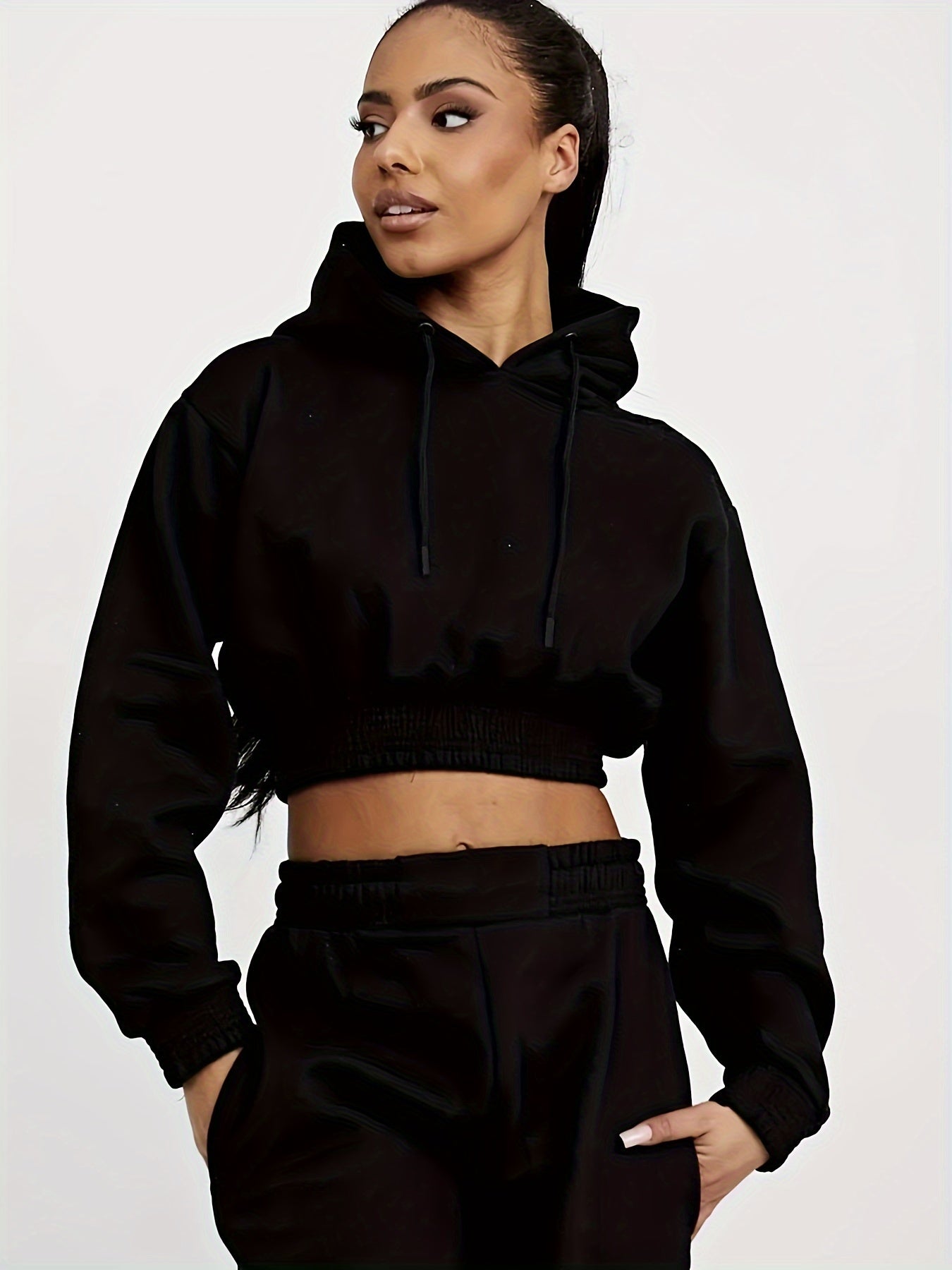 2pcs Plain High Stretch Sporty Suit, Long Sleeves Drawstring Hooded Sweatshirt & Jogging Pant Sports Set, Women's Activewear