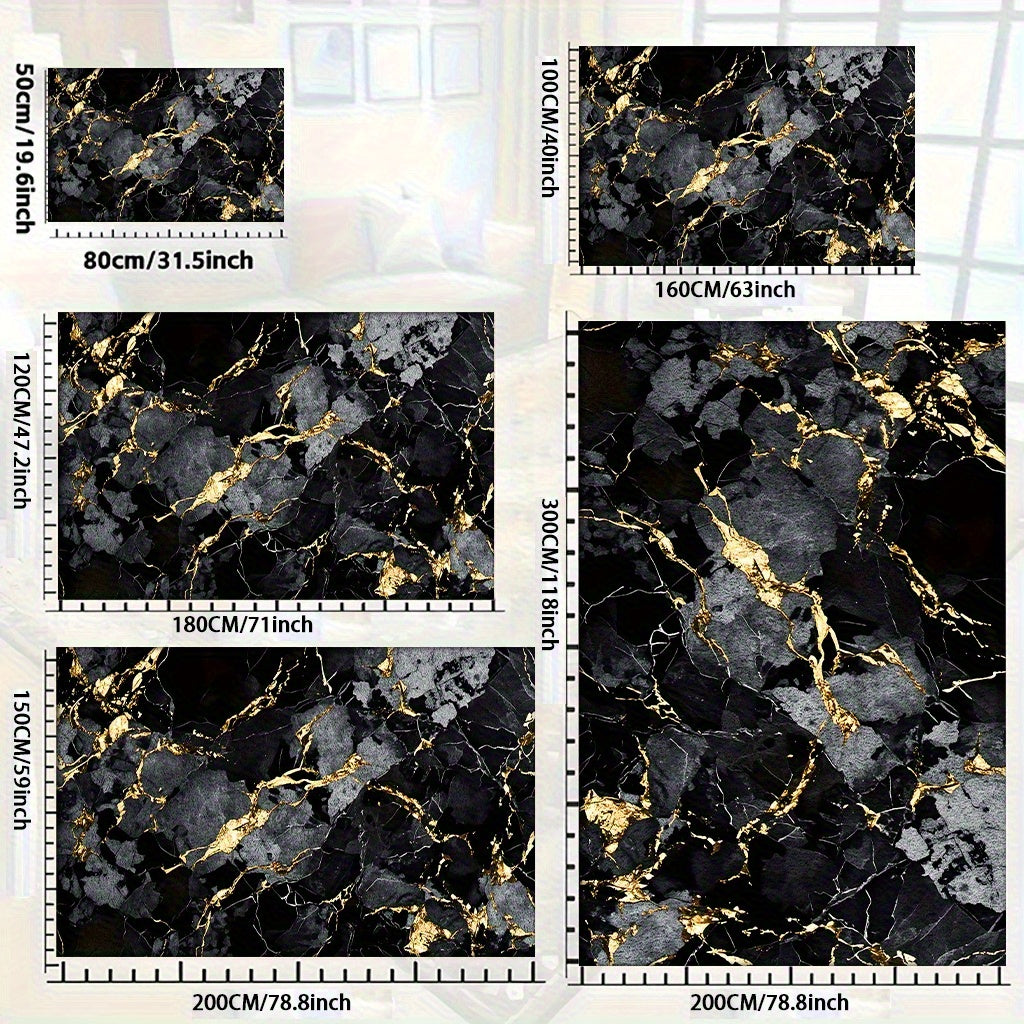 Velvet Area Mat with Luxurious Black and Golden Marble Pattern – Soft, Thick, Non-Slip, Machine Washable for Living Room or Bedroom Decor, Lightweight Polyester Fiber, Rectangular Shape, Perfect for Holidays like Christmas