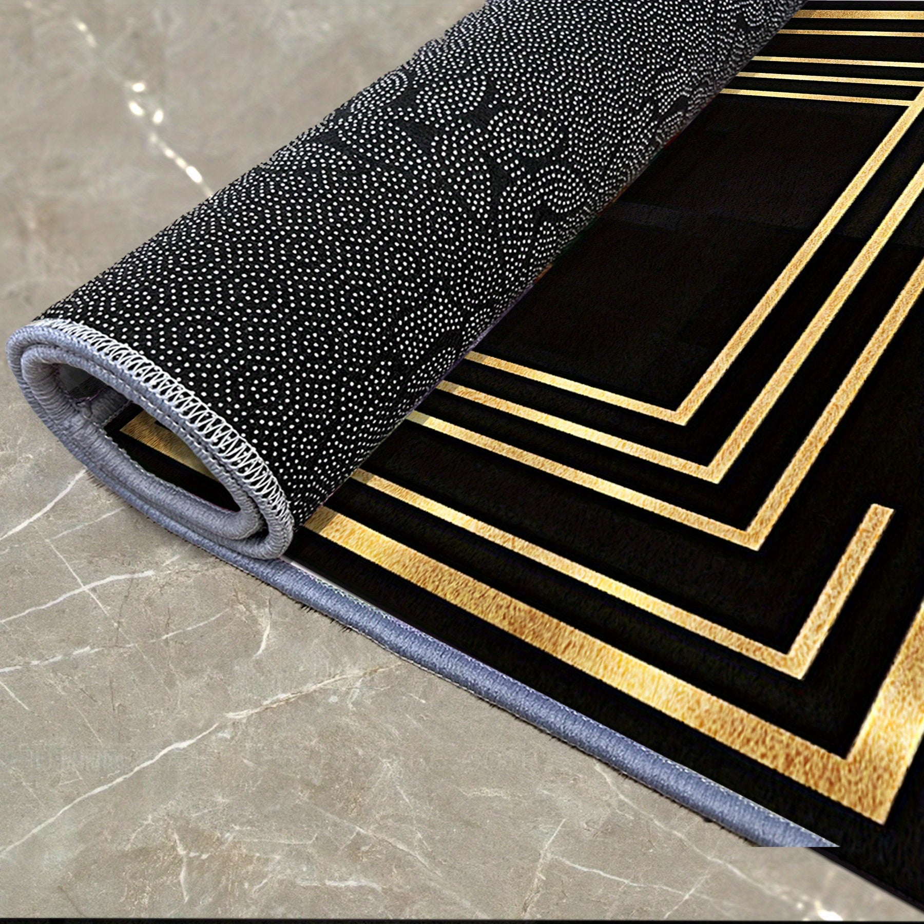 Luxurious Black Velvet Area Mat with Golden Geometric Design - Machine Washable, Non-Slip, Thick & Durable for Living Room, Bedroom, Entryway - Elegant Home Decor, Rugs for Living Room