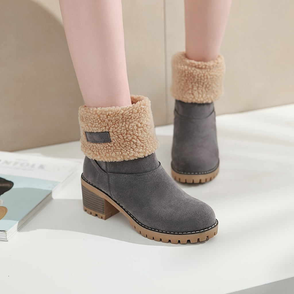 Women's Warm Faux Fur Lined Boots, Slip On Block Heeled Ankle Boots, Women's Footwear