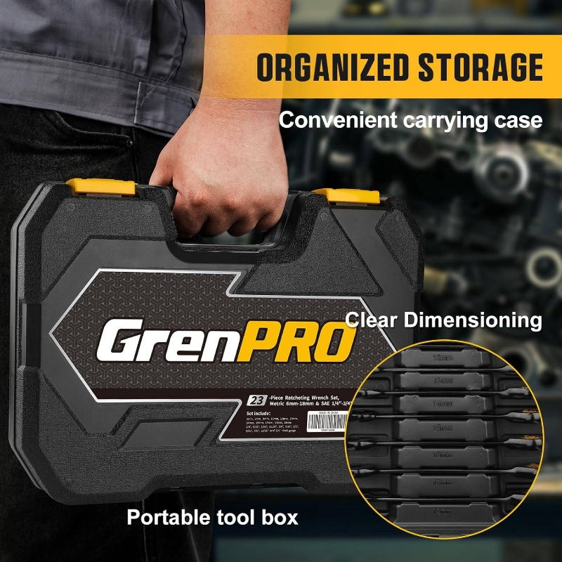 23pcs SAE Metric & Standard Ratcheting Wrench Set with Organizer Box