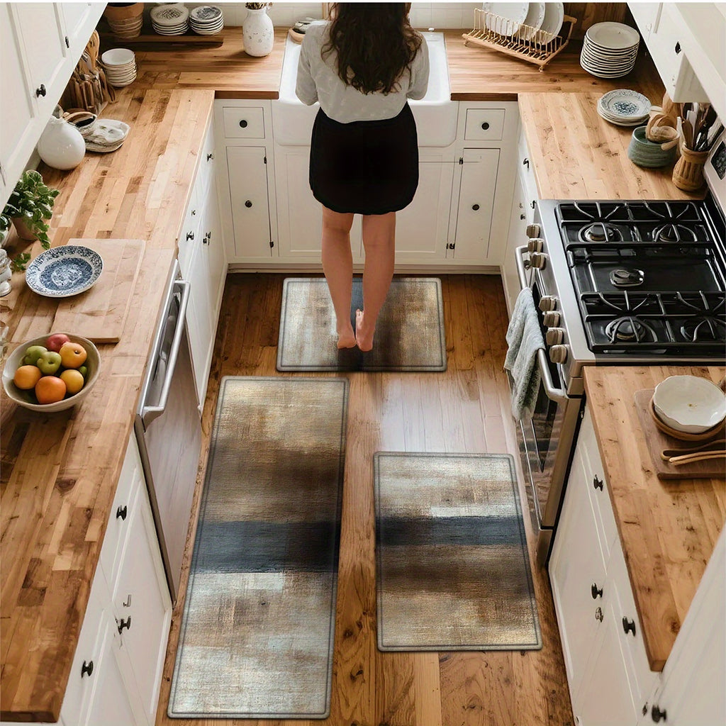 1/2/3pcs Warm brown, rice white, light gray block, abstract art style Flannel Soft Kitchen Rugs Non Slip Washable, Throw Rug, Non-Skid Runner Rug, Floor Mat, Doormat, Living Room Laundry Bathroom Water-absorbing Mat Set, Area