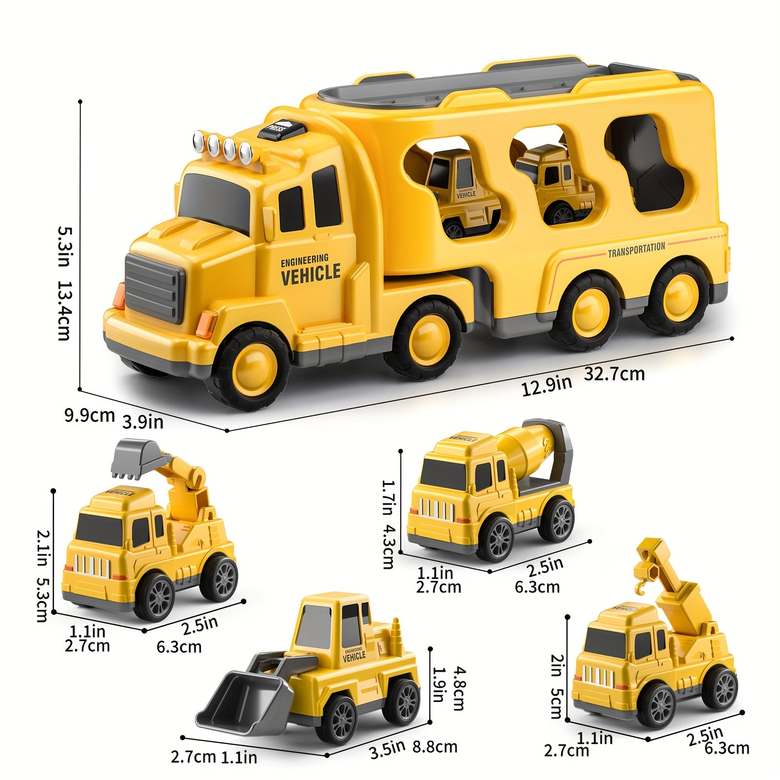 BABY HOME 5-in-1 Construction Vehicle Transport Truck Carrier Set, Durable Plastic Toys for Boys & Girls Ages 3-7, Perfect Christmas Birthday Gift