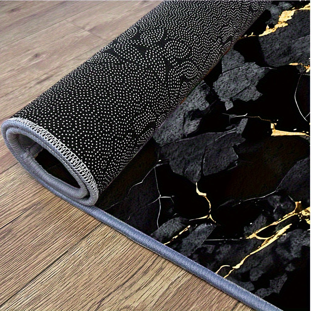 Velvet Area Mat with Luxurious Black and Golden Marble Pattern – Soft, Thick, Non-Slip, Machine Washable for Living Room or Bedroom Decor, Lightweight Polyester Fiber, Rectangular Shape, Perfect for Holidays like Christmas