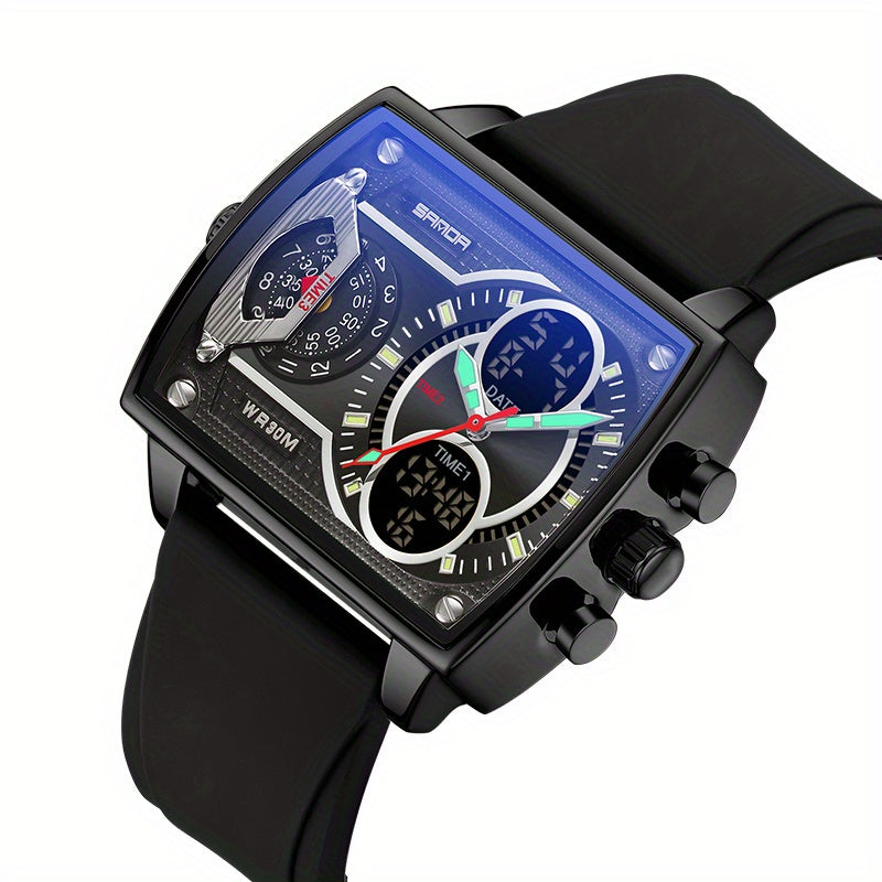 Large Dial Multi Time Zone Men's Watch, Square Dual Display Multifunctional Sports Watch with Dual Time Zone, Date, Alarm, and Stopwatch Functions