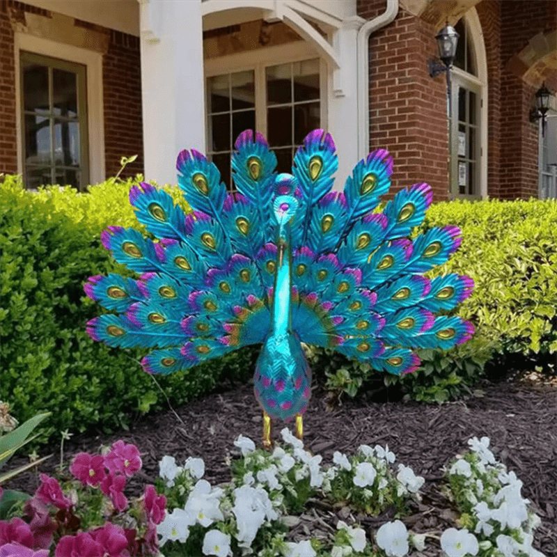 Large Metal Painted Peacock Garden Sculpture - 1pc Figurine for Fountain, Pool, Yard, Lawn, Garden Art - Easter, Halloween, Mother's Day, Thanksgiving, Fall Decor
