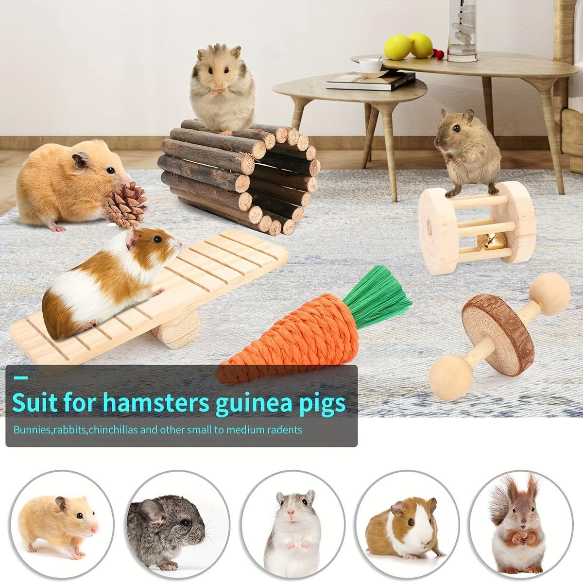 Hamster Cage Accessories, 50pcs Chew Toys for Guinea Pig, Chinchillas, Gerbils, Mice, Rats, Mouse, Rabbit, Bunny Hideout Seesaw, Natural Molar Tools