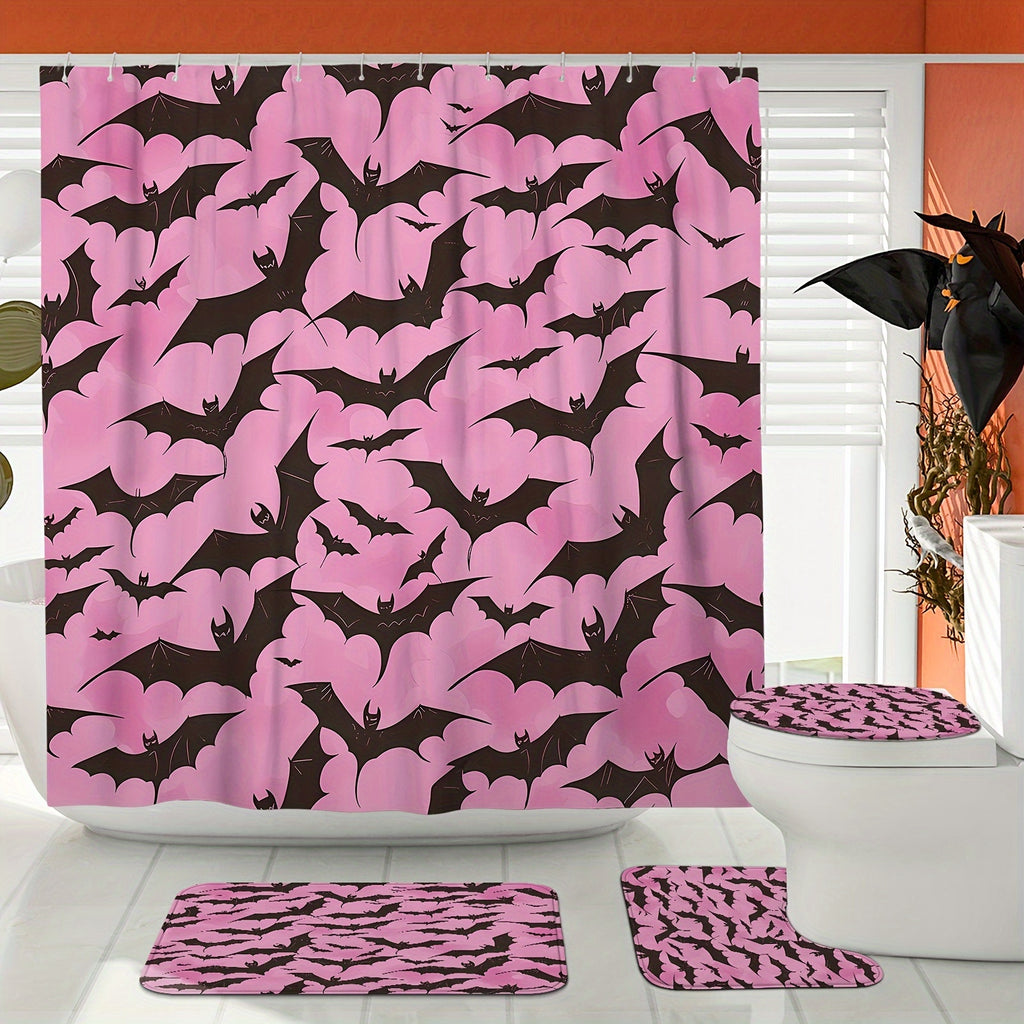 1/4pcs Halloween Bat Spooky Gothic Pink Black Shower Curtain Set with Shower Curtain and Rugs Polyester Waterproof Machine Washable for Halloween Bathroom or Shower Decor with 12 Hooks Non-slip Bath Mat U-shape Toilet Lid Cov