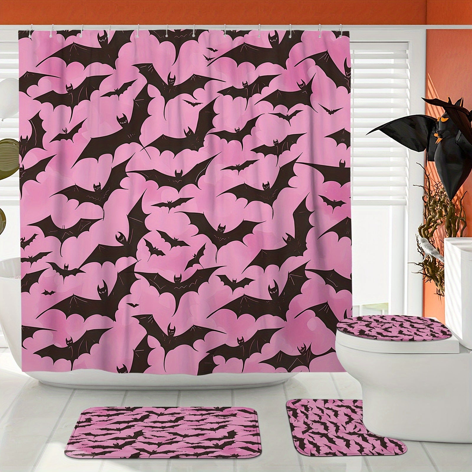 1/4pcs Halloween Bat Spooky Gothic Pink Black Shower Curtain Set with Shower Curtain and Rugs Polyester Waterproof Machine Washable for Halloween Bathroom or Shower Decor with 12 Hooks Non-slip Bath Mat U-shape Toilet Lid Cov