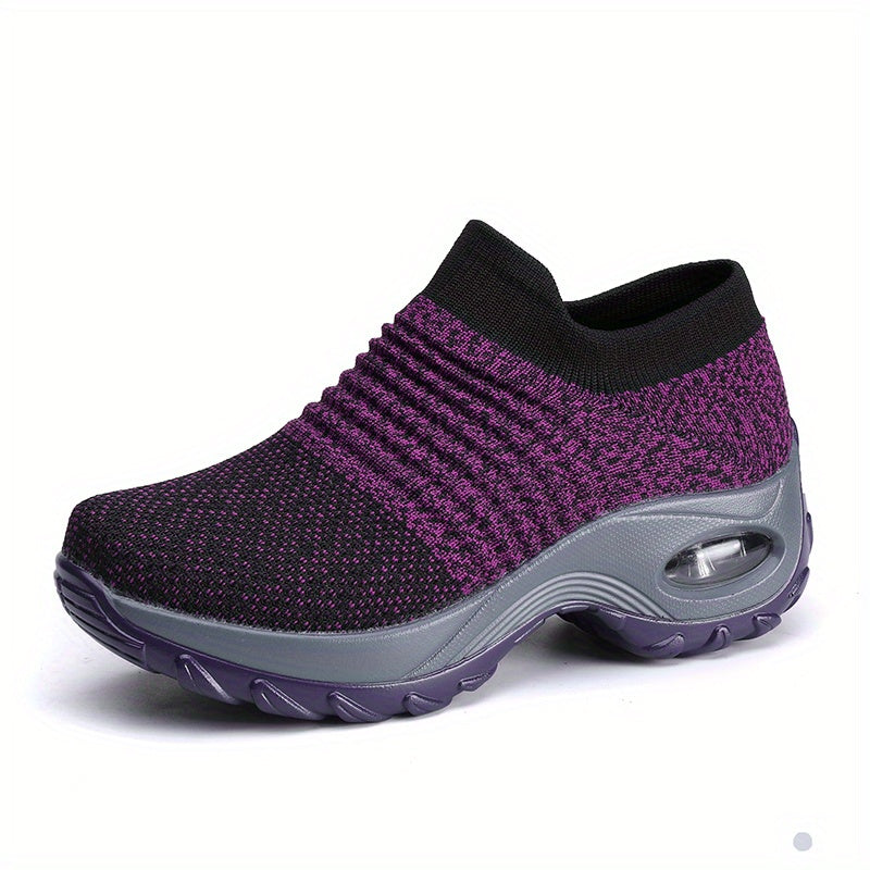 Women'S Air Cushion Sole Sneakers, Lightweight Knit Slip on Shoes, Breathable Running Shoes
