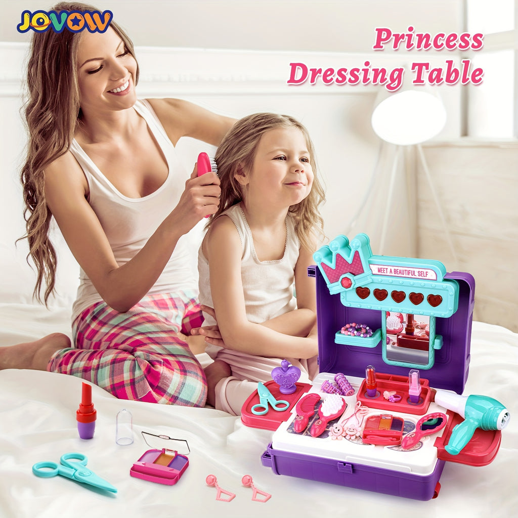 Jovow, Children's Dressing Table Set, 2-in-1 Dressing Table Luggage Trolley Box, Girl Pretending Makeup Toys, Princess Games, Lights And Music, Simulated Hair Dryer Lipstick, Halloween Christmas Gifts