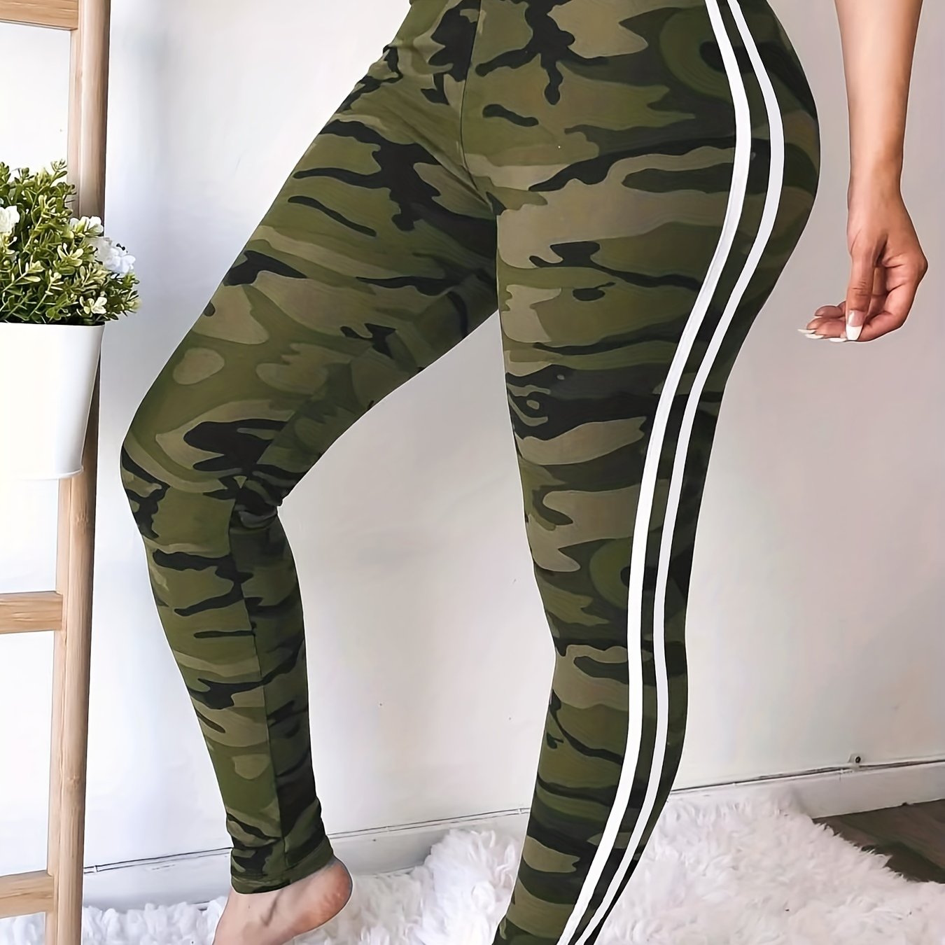 Plus Size High Waisted Camo Print Sports Leggings - Moisture-Wicking, Four-Way Stretch, Side Striped, Comfortable, Breathable, Yoga Fitness Pants for Women - Spring/Autumn Season Wear