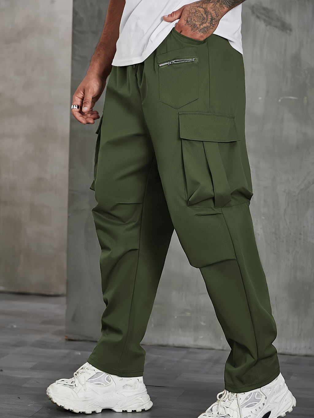 Plus Size Men's Solid Cargo Pants For Spring Fall, Outdoor Sports Pants For Males