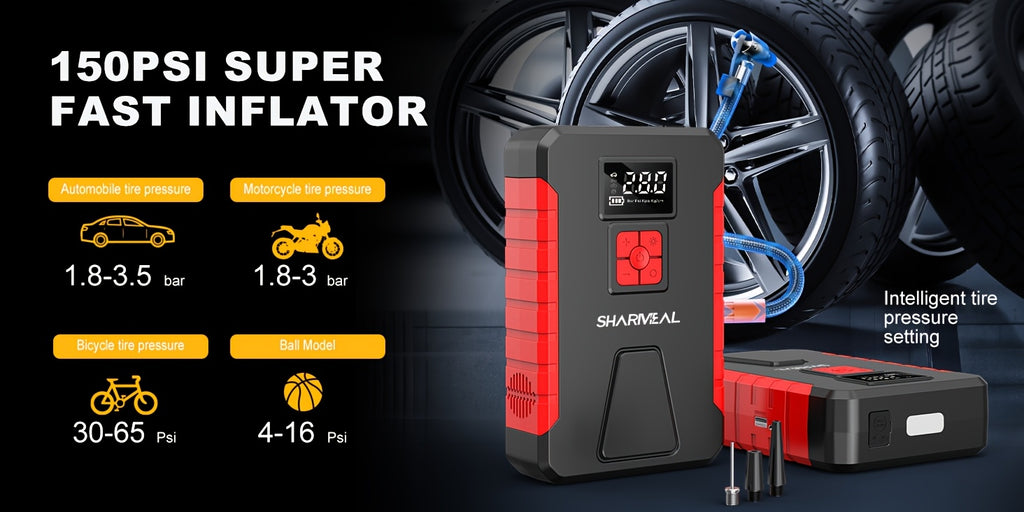 SHARMEAL 4500A Peak Automotive Jump Starter & 150PSI Tire Inflator, Air Compressor Car Jump Starter,