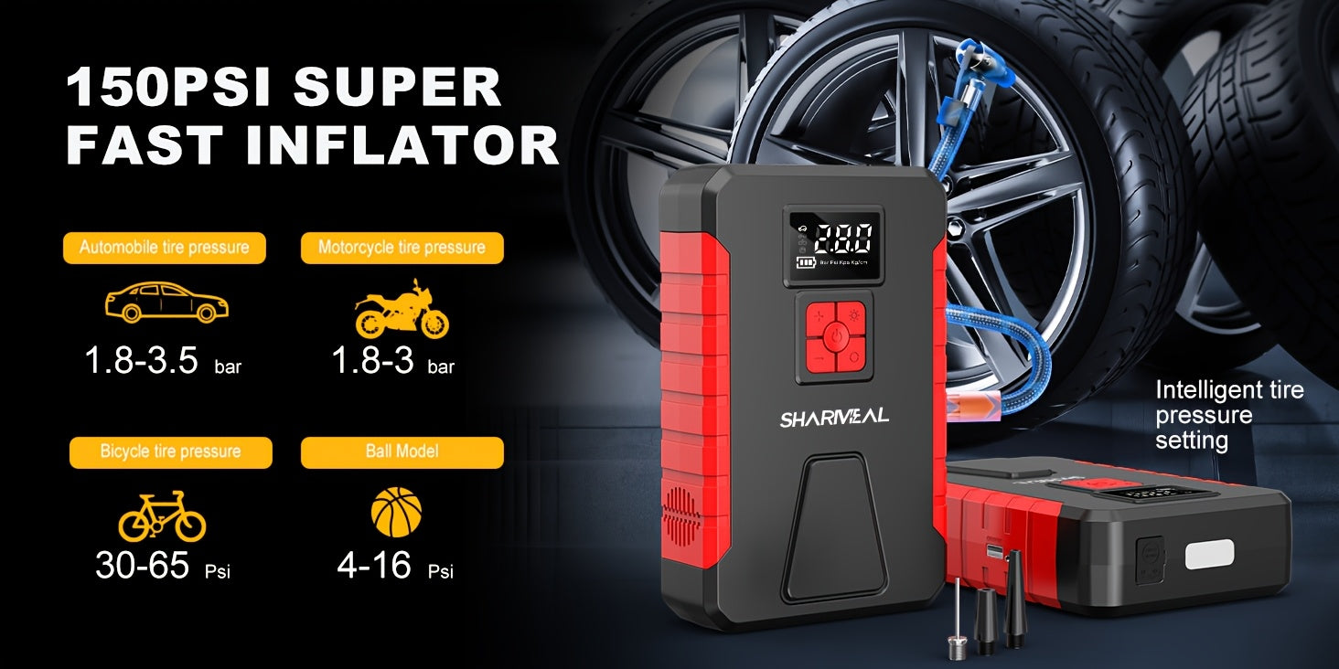 SHARMEAL 4500A Peak Automotive Jump Starter & 150PSI Tire Inflator, Air Compressor Car Jump Starter,