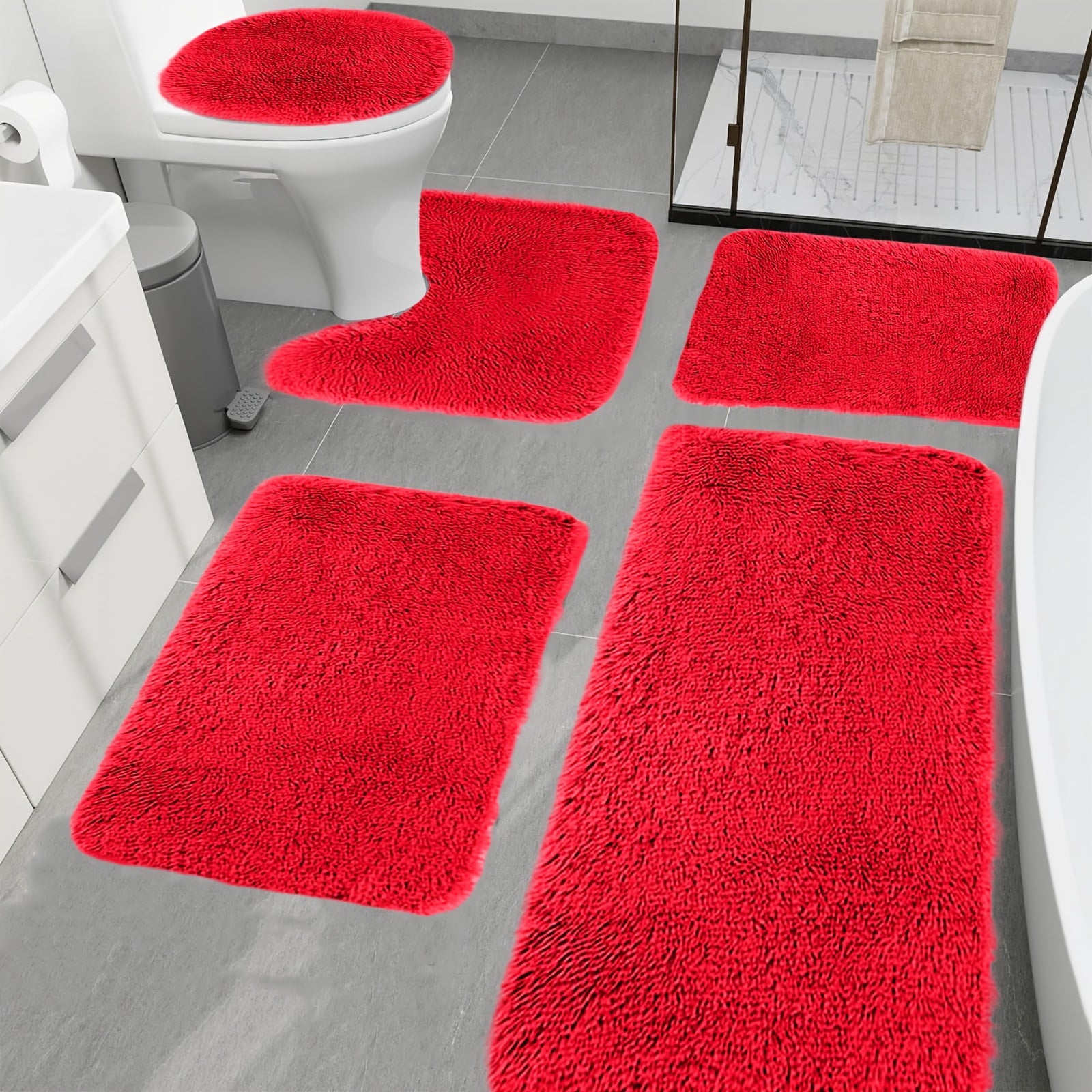 [Thick Bathroom Mats For Home] Thick Non-Slip Bathroom Rugs Sets 5pcs With Toilet Cover Bath Rug Set Bathroom Mats For Home Hotel Bathroom Bathroom Bath Mat Set Home Kitchen Bathroom Decoration