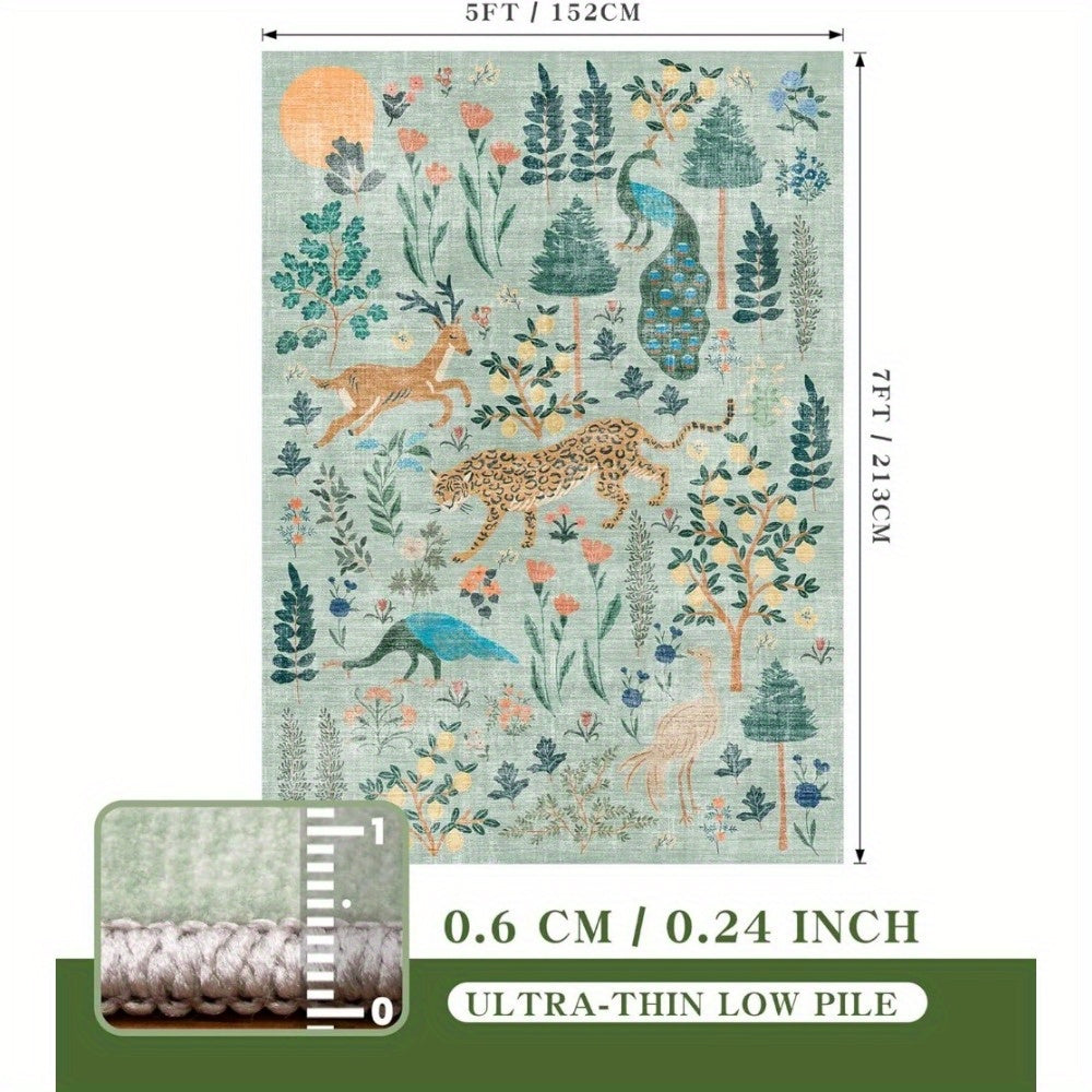 Chakme Jungle Animal Area Mat - 5x7ft Soft, Anti-Slip, Machine Washable Polyester Blend for Living Room, Bedroom, or Daycare - Vibrant Tiger & Jungle Design, Light Green Background, Perfect for Cozy Spaces, Bedroom Mat | Jung