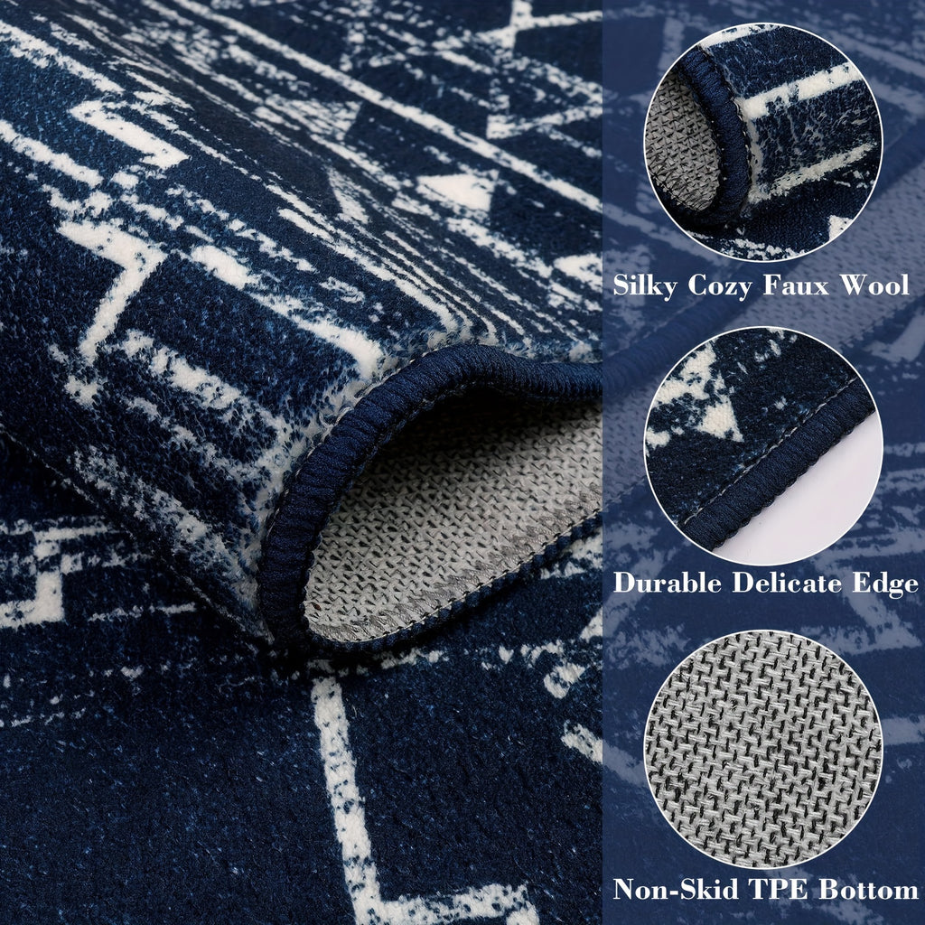 Moroccan Blue Geometric Runner Mat – Soft, Washable, Non-Slip Polyester Mat for Kitchen, Hallway, Bedroom, Bathroom & Closet, 2'6"x8', Rustic Entryway Floor Decor, Kitchen Rugs