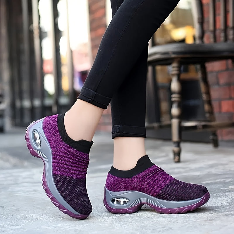 Women'S Air Cushion Sole Sneakers, Lightweight Knit Slip on Shoes, Breathable Running Shoes