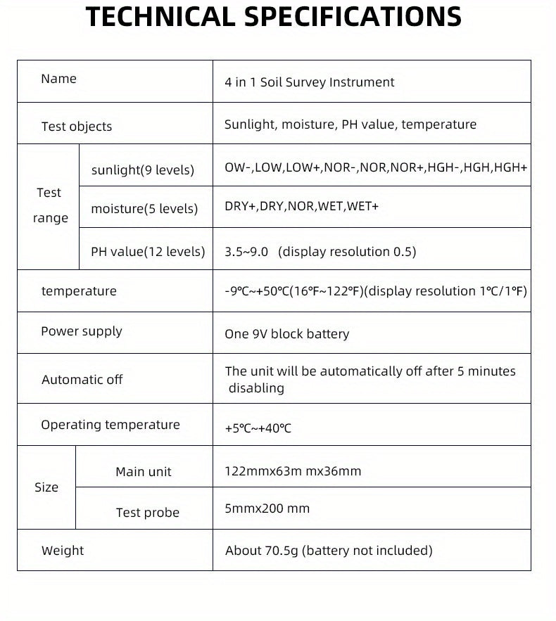 1pc 4-in-1 Soil Detector Light Temperature Soil Moisture Meter PH Value Soil Tester, Plant & Soil Monitoring