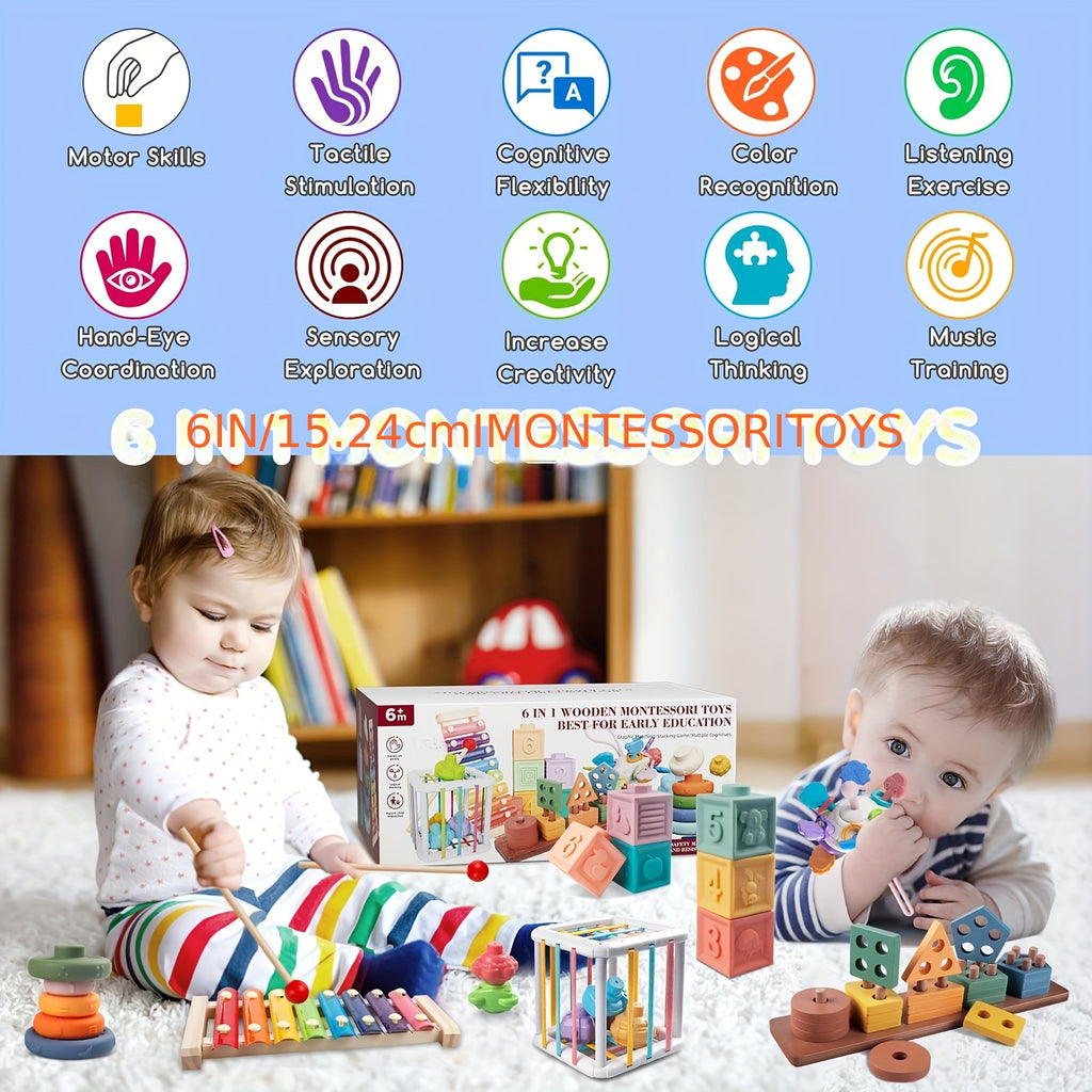 6-in-1 motor skills toys, sensory teething ring toys, baby wooden sorting and stacking toys, gifts for girls and boys 6, 9, 12 months 1, 12, and 3 years old children learning toys