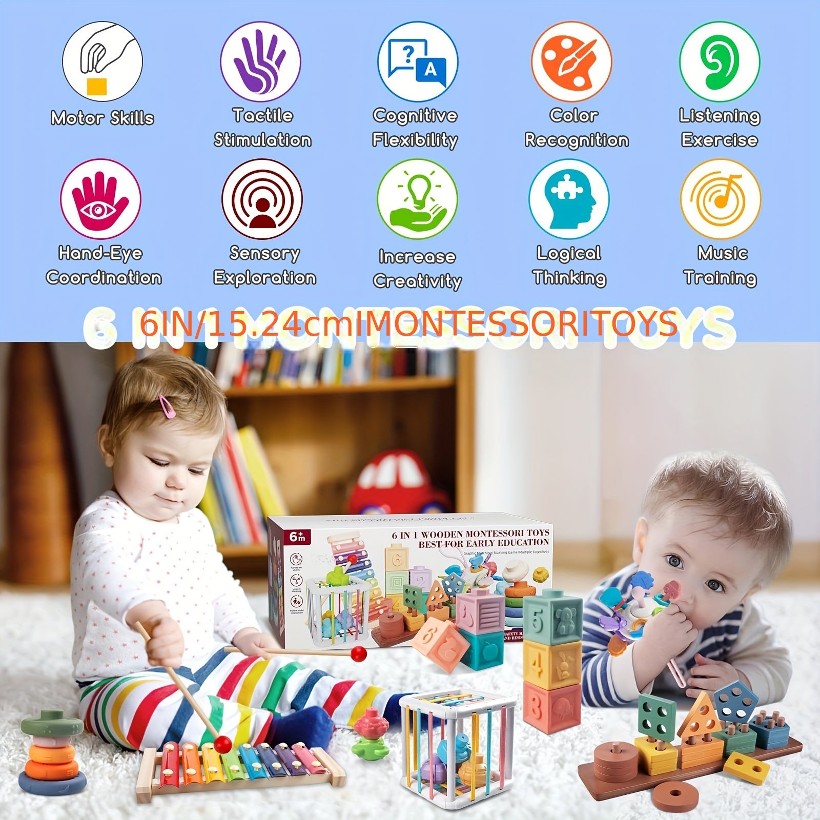 6-in-1 motor skills toys, sensory teething ring toys, baby wooden sorting and stacking toys, gifts for girls and boys 6, 9, 12 months 1, 12, and 3 years old children learning toys