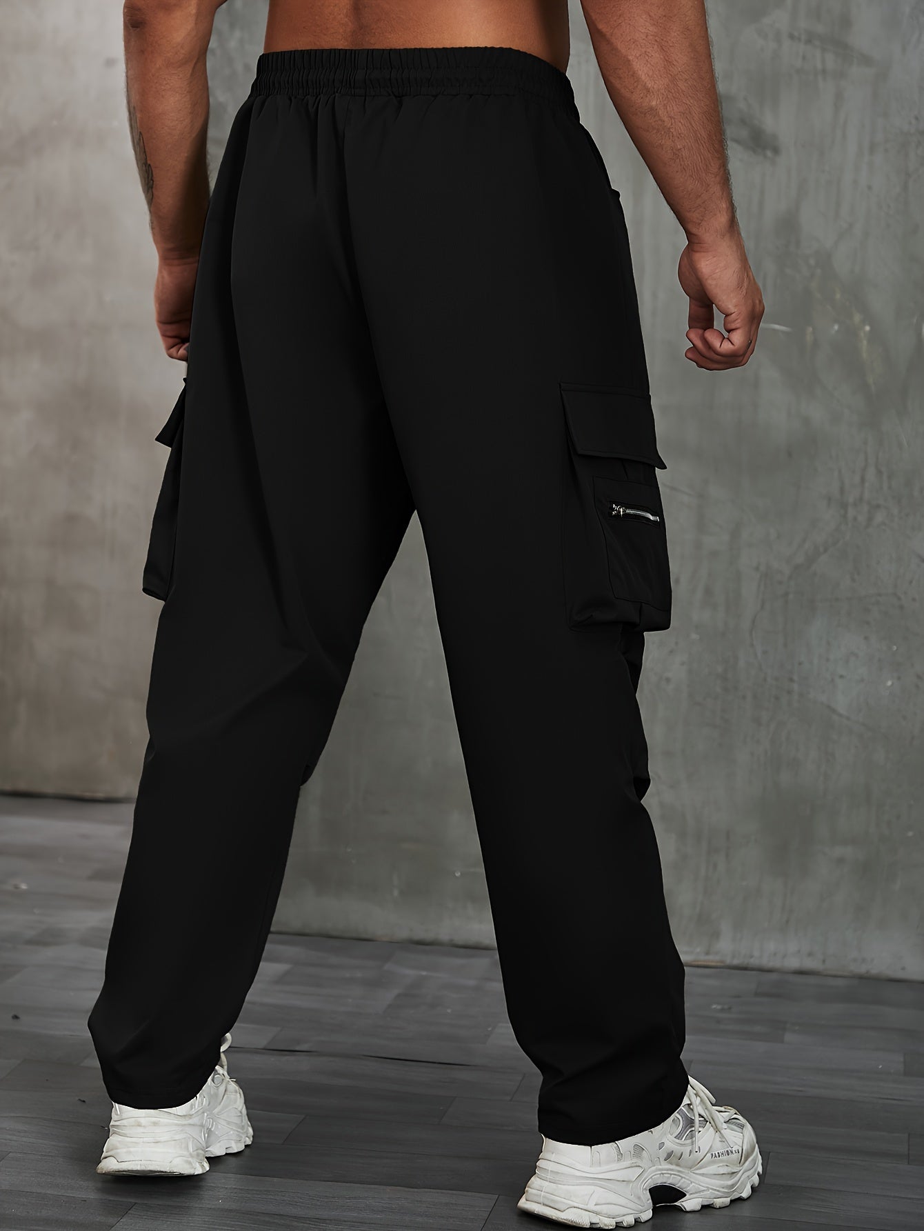 Plus Size Men's Solid Cargo Pants For Spring Fall, Outdoor Sports Pants For Males