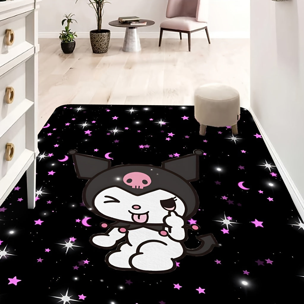 1pc Sanrio Hello Kitty KUROMI Flannel Area Mat - Soft, Washable, Non-Slip Cartoon Mat for Bedroom, Living Room, Indoor Use - Polyester Fiber, Rectangle, Christmas Holiday Decor, Rugs for Bedroom
