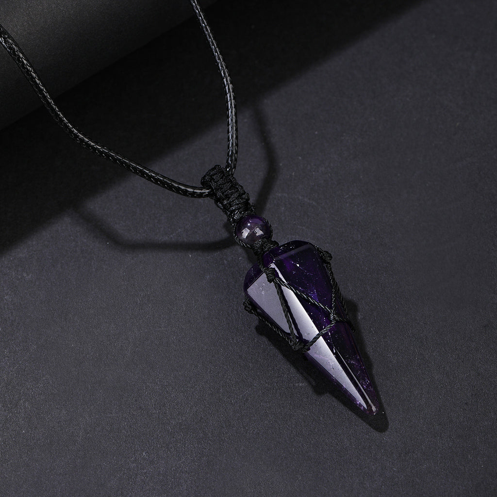 Stylish Men's Natural Amethyst Crystal Hexagonal Cone Pendant Necklace with Braided Rope - Fashion Accessory
