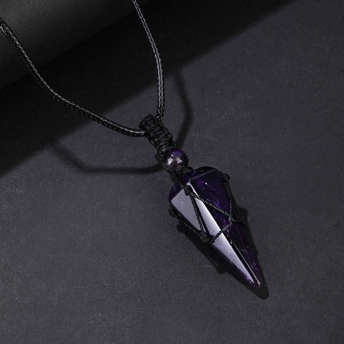 Stylish Men's Natural Amethyst Crystal Hexagonal Cone Pendant Necklace with Braided Rope - Fashion Accessory