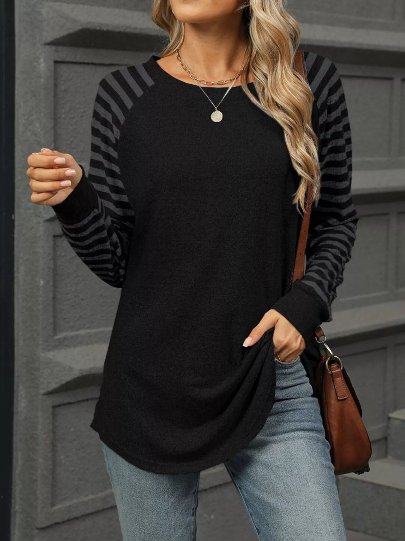 Striped Round Neck Raglan Sleeve T Shirt