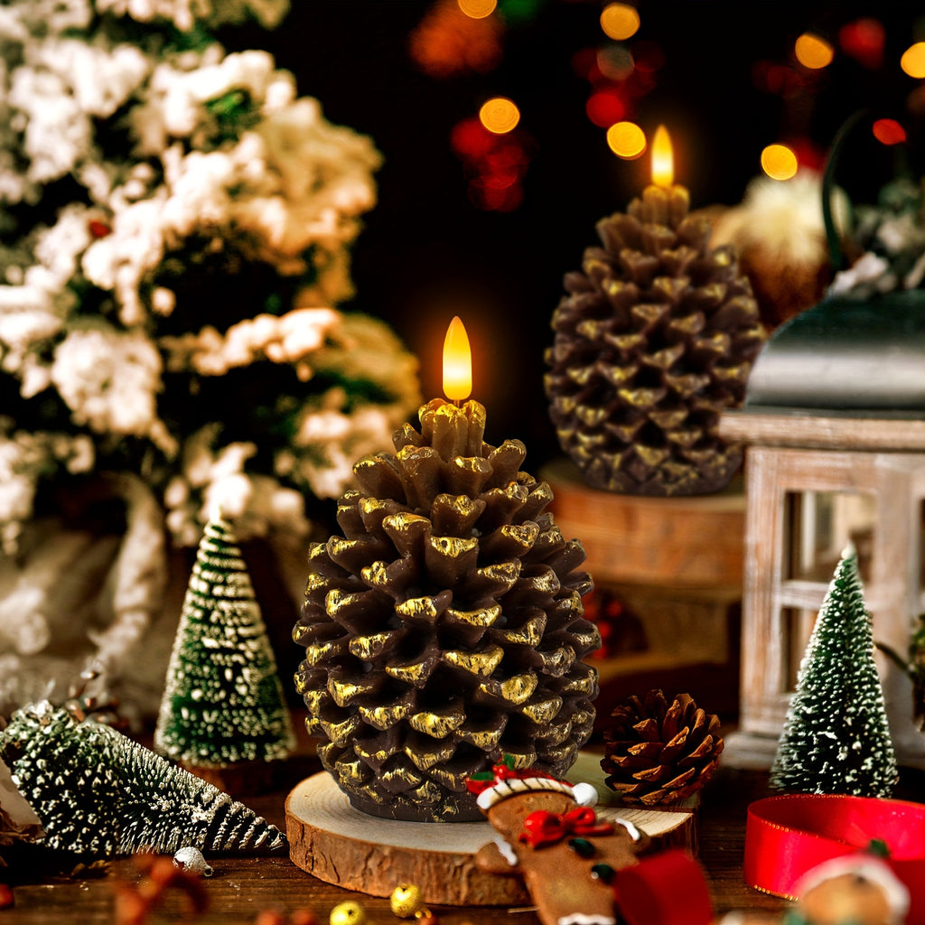 Pine Cone Flickering Flameless Candles, Battery Operated Real Wax LED Candles With 6H Timer For Christmas Home Party Decoration Set Of 2, Brown (D3.5 X H5.5 Inch)