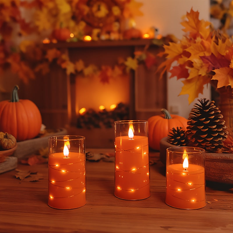 Flickering Flameless Candles with String Lights, Battery Operated Candles, Embedded String Lights LED Candles, Candles with Remote, Set Of 3