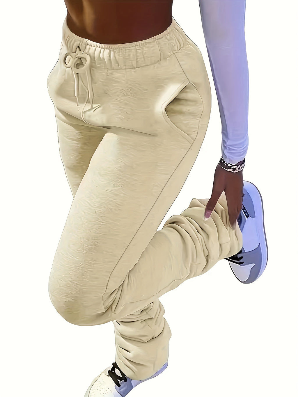 Solid Color Casual Fleece Sports Pants, Drawstring Elastic Winter Warm Jogger Sweatpants, Women's Athleisure