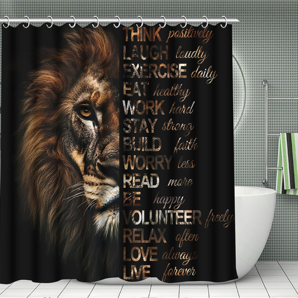 4pcs Powerful Lion Shower Curtain Set, Golden African Safari Animals Masculine Male Cool Bathroom Sets with Shower Curtain and Rugs, Motivational Inspirational Quotes Shower Curtain with Bath Mat Set and 12 Hooks, Shower Curt