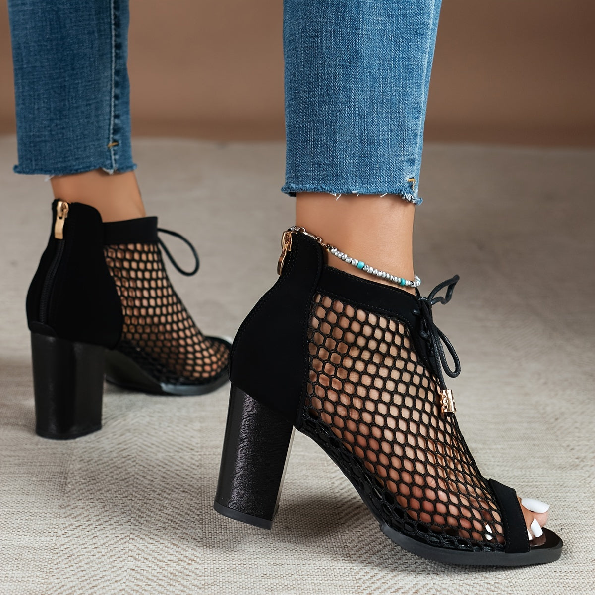 Women's Leopard Print Mesh Block High Heels, Fashion Peep Toe Lace Up & Back Zipper Sandals, Sexy Dress Shoes