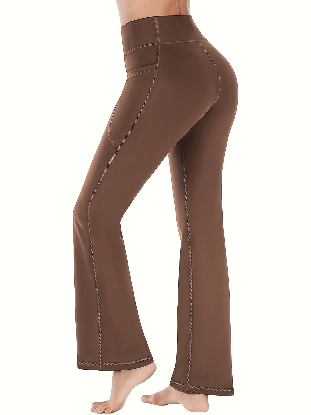 [Yoga Leggings] High Waist Solid Color Running Yoga Flare Leggings | Women's Activewear Wide Leg Bootcut Pants, Side Pocket Sports Workout