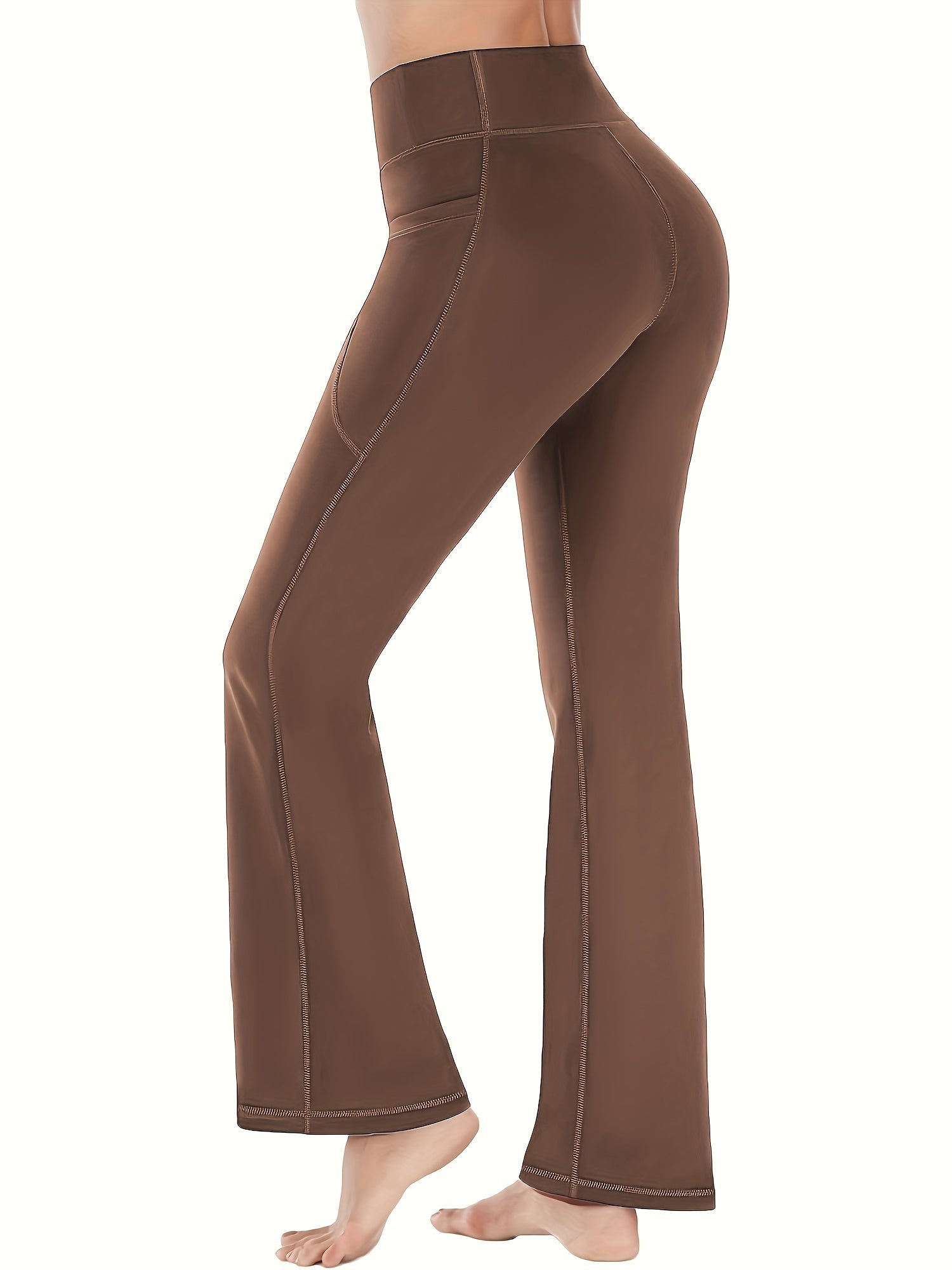 [Yoga Leggings] High Waist Solid Color Running Yoga Flare Leggings | Women's Activewear Wide Leg Bootcut Pants, Side Pocket Sports Workout