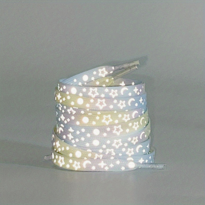 1 Pair Dazzling Holographic Reflective Star Moon Shoelaces - Double-Sided Luminous, AdjustableNighttime Running, Cycling,