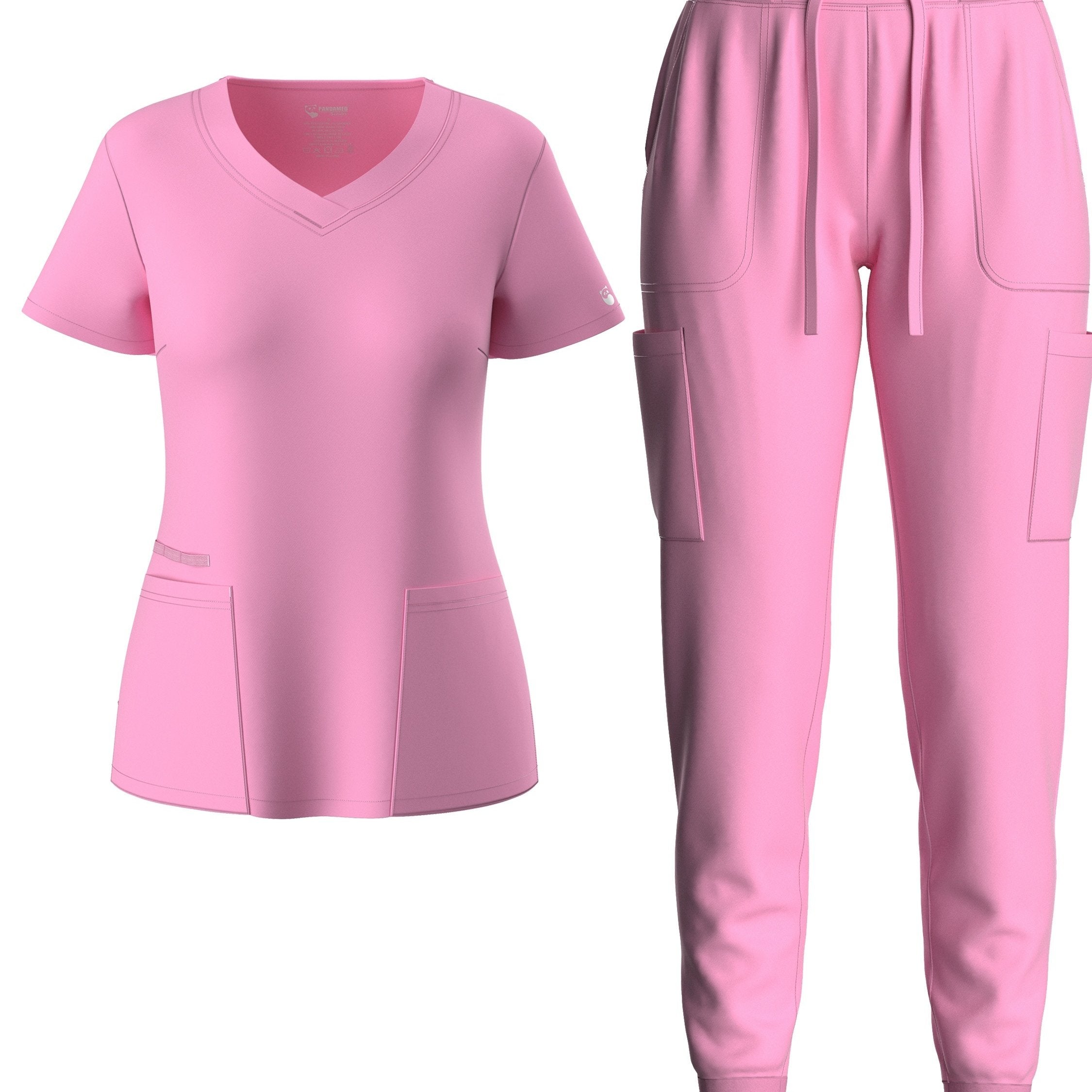 two-piece Elegant Two-Piece Scrub Set for Women: Short Sleeve V Neck Top & Drawstring Pants