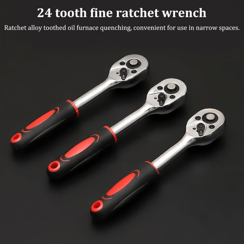 A Collection of 53 Mechanical Tool Kits, Including 1/2" And 1/4" Drive Depth And Standard Sockets, Ergonomic Handles, Ratchet Wrenches,