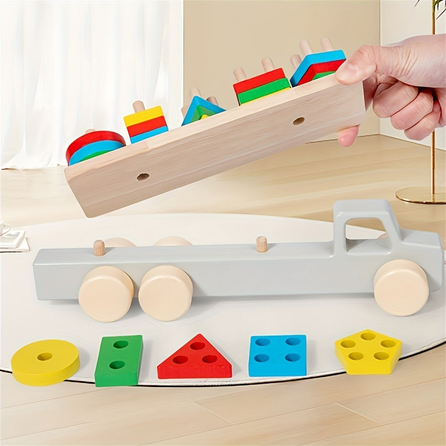 Children's wooden toys for early education, children's shape matching puzzle car, wooden trailer toy, baby shape recognition toy car, holiday gift