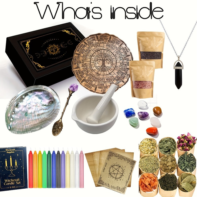 Witchcraft Kit with Grinding And Pounding Tank - Candles, Witches Crystals, Dried Flowers, Vanilla, Beginner Box Starter. Suitable for Full Moon Ceremonies And Decorative Materials for Magic. Ideal for Gifting During Black Hi