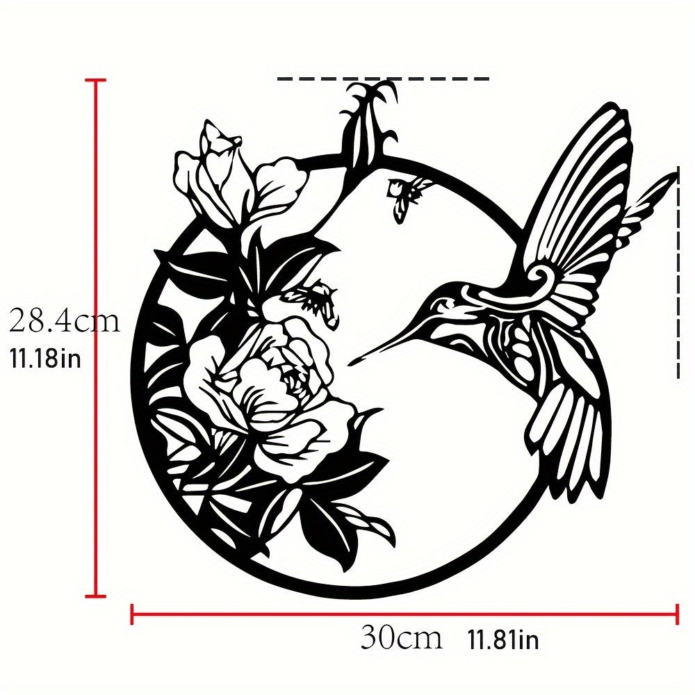 1pc Exquisite Hummingbird Metal Art Deco Wall Decoration - 3D Rustic Black Circular Bird & Floral Design with Intricate Details - Ideal Indoor Outdoor Garden Home Decor Accent