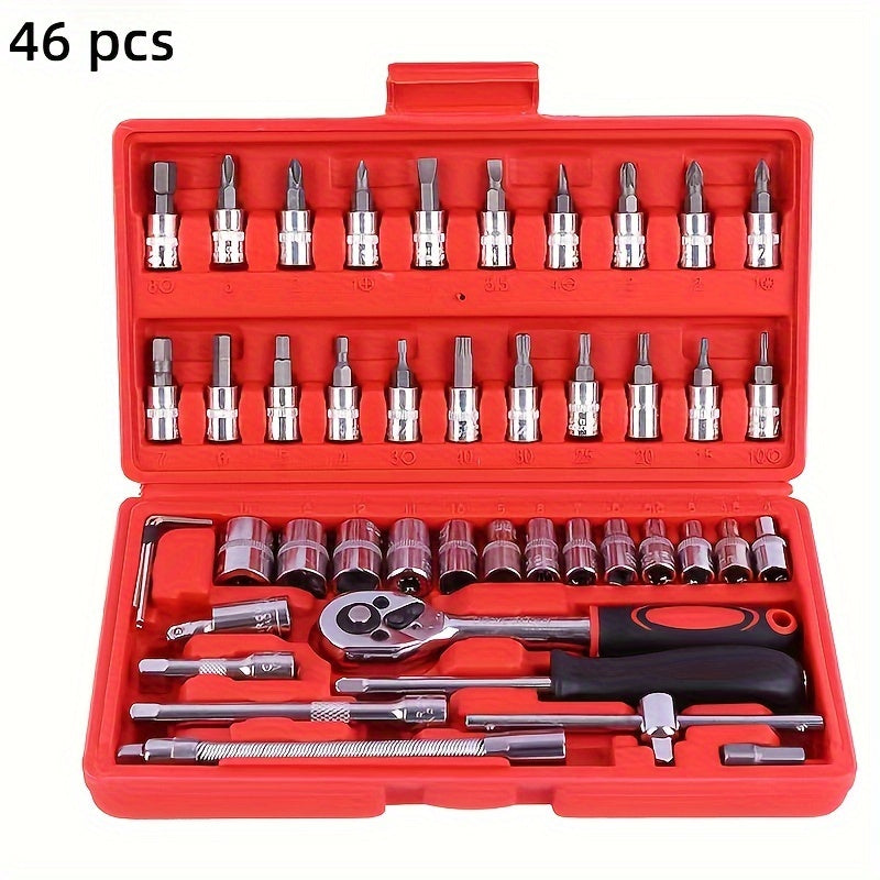 Automotive repair socket wrench kit, ratchet kit, mechanical tool kit, automotive repair and household drill bit socket, metric, 1/ 4 inch drive, 46 pieces