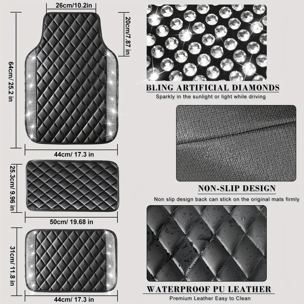 5 Pcs Bling Car Mats - Shining Artificial Diamond, Crystal Rhinestone, Sparkly Glitter Carpet, Anti-Slip, Waterproof, Universal Fit for Automotive SUV, Sedan, Van, Ideal for Girl and Women