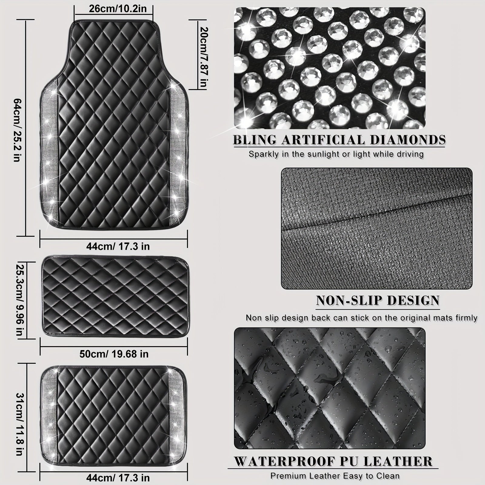 5 Pcs Bling Car Mats - Shining Artificial Diamond, Crystal Rhinestone, Sparkly Glitter Carpet, Anti-Slip, Waterproof, Universal Fit for Automotive SUV, Sedan, Van, Ideal for Girl and Women