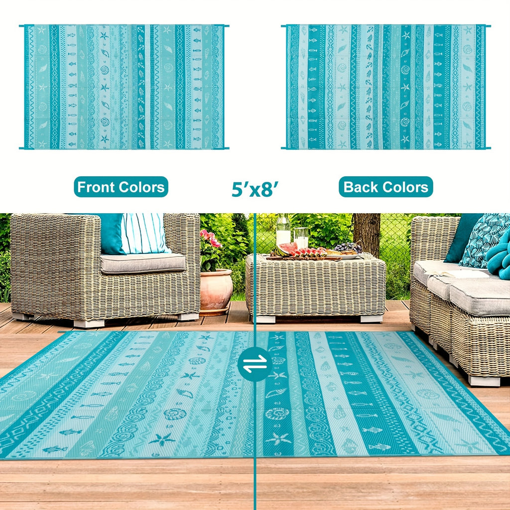 Coastal Outdoor Rug, Reversible Ocean Beach Theme Striped Patio Plastic Straw Rugs, Tribal RV Camping Outside Carpet Mat For Pool Back Yard Deck